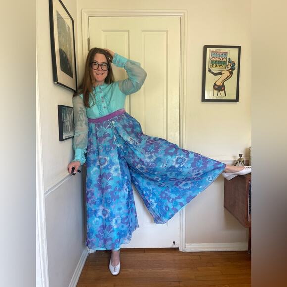 Vintage Pants - 60s Vintage Chiffon Wide Leg Jumpsuit